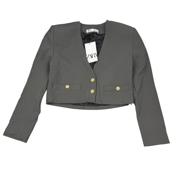 NWT ZARA Crop Blazer with Gold Buttons XS Dark Gray - Picture 6 of 12